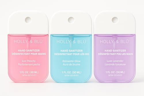HOLLY & BLU Hand Sanitizer Set, Just Peachy, Rainwater Glow, Luxe Lavender Scents, 30mL Each, 3-Pack