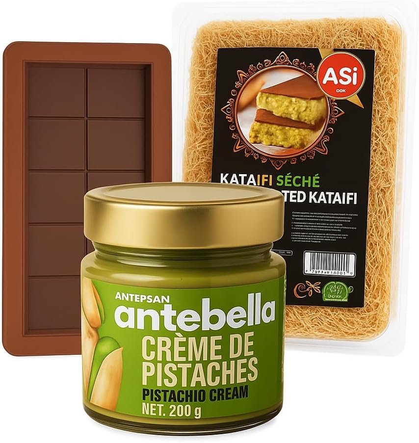 Dubai Chocolate Making Kit – Pistachio Cream 200g, Dried Roasted Kataifi & Chocolate Bar Silicone Mold
