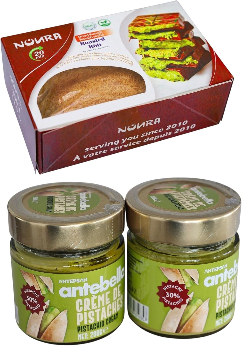Noura Kataifi Dessert Set with Antebella Pistachio Cream, 350g Roasted Kunafa and 2x200g Pistachio Cream, Traditional Turkish