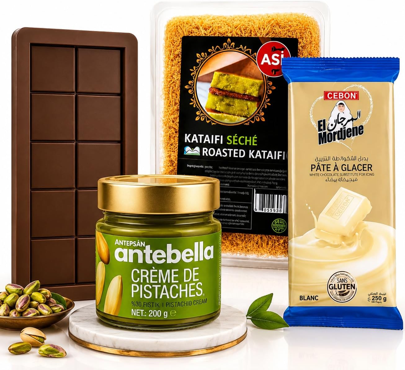Dubai kit with Pistachio Cream, Roasted Kataifi, Chocolate Mould & White Icing Bundle