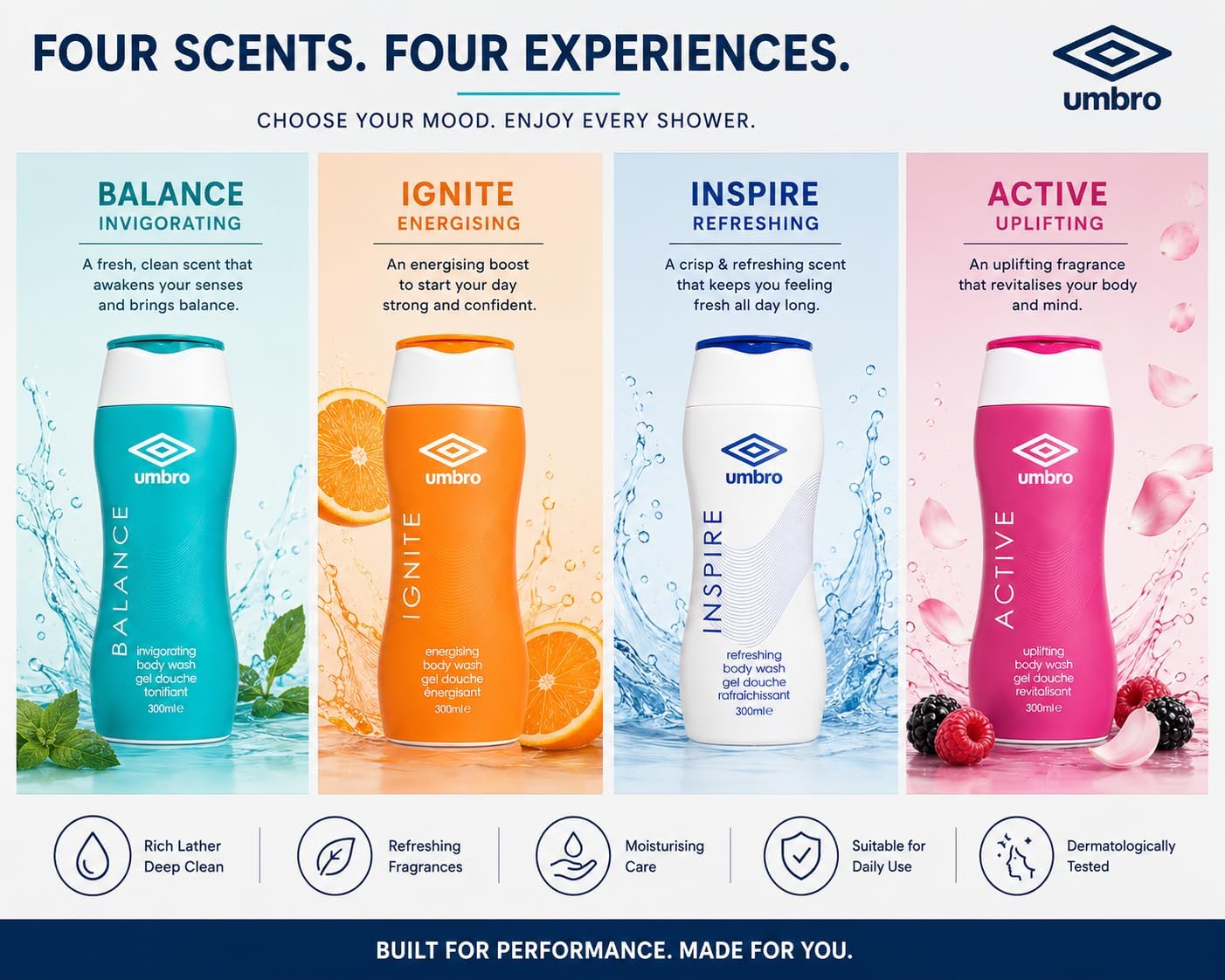 Umbro Body Wash Set 4 x 300ml Balance Ignite Inspire Active