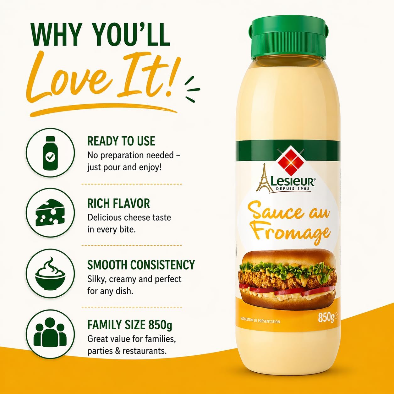 Lesieur Algerian Sauce au Fromage, Creamy Cheese Flavour, Ready to Use Dip for Burgers, Fries & Sandwiches, 850g