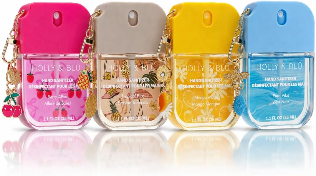 Holly & Blü Scented Hand Sanitizer Spray with Keychain Clips, Moisturizing Travel-Size Pocket Sanitizers, 35 mL Each, Berry, Tropical, Mango & Fresh, Pack of 4