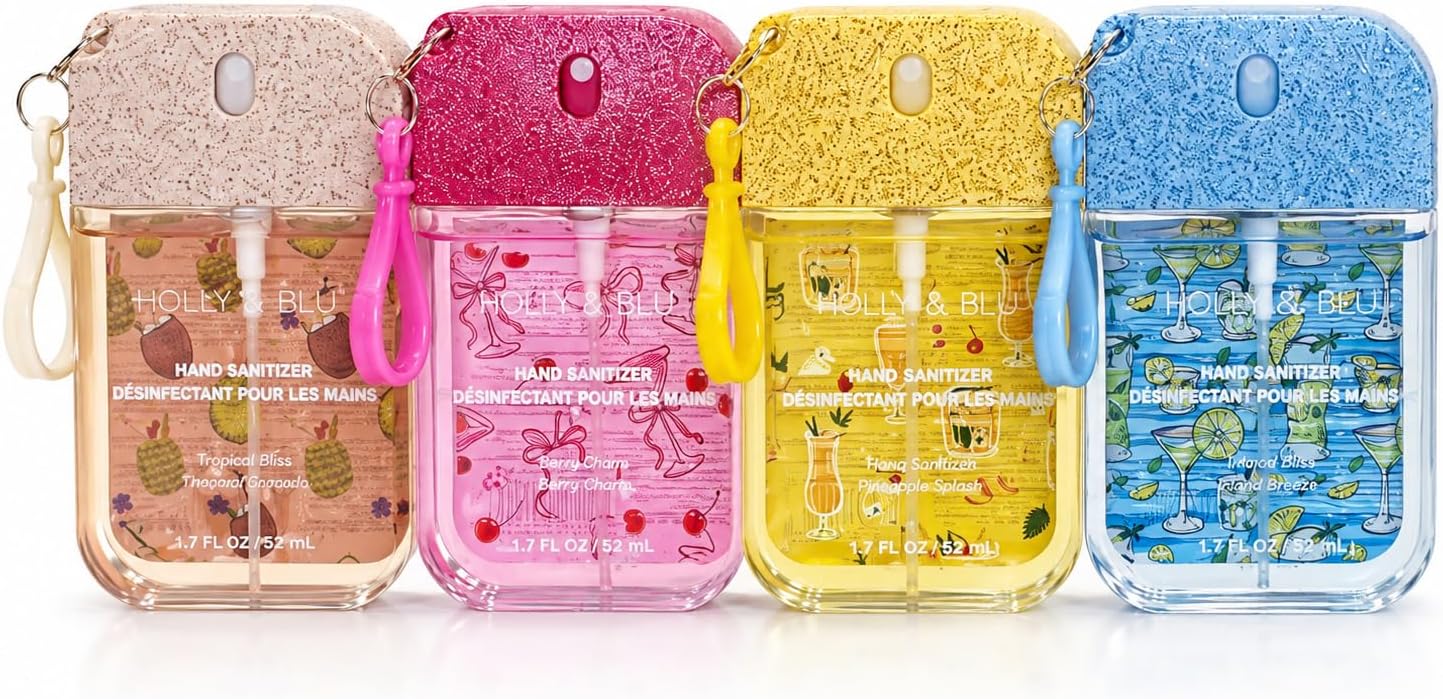 Holly & Blu Hand Sanitizer Keychain Spray, Pack of 4, 52ml Travel Size, Berry, Tropical, Mango and Fresh Fragrances, Moisturising