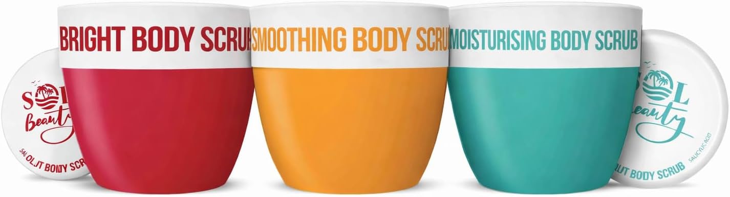 Sol Beauty Body Scrub Set, Watermelon, Salted Caramel Vanilla and Coconut, Moisturising, Smoothing and Brightening, Vegan, 300g Each, 3 Pack