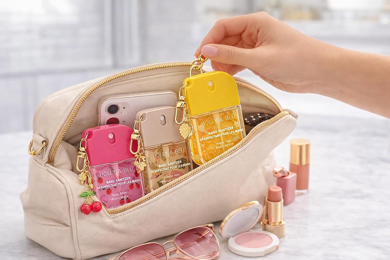 Holly & Blü Scented Hand Sanitizer Spray with Keychain Clips, Moisturizing Travel-Size Pocket Sanitizers, 35 mL Each, Berry, Tropical, Mango & Fresh, Pack of 4