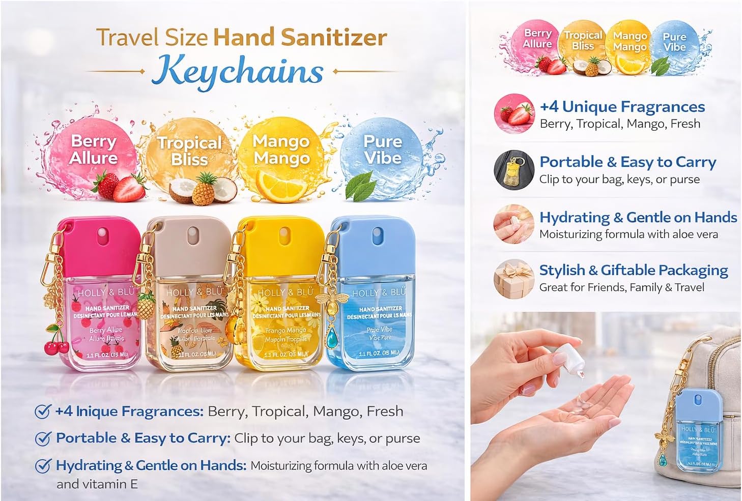 Holly & Blü Scented Hand Sanitizer Spray with Keychain Clips, Moisturizing Travel-Size Pocket Sanitizers, 35 mL Each, Berry, Tropical, Mango & Fresh, Pack of 4