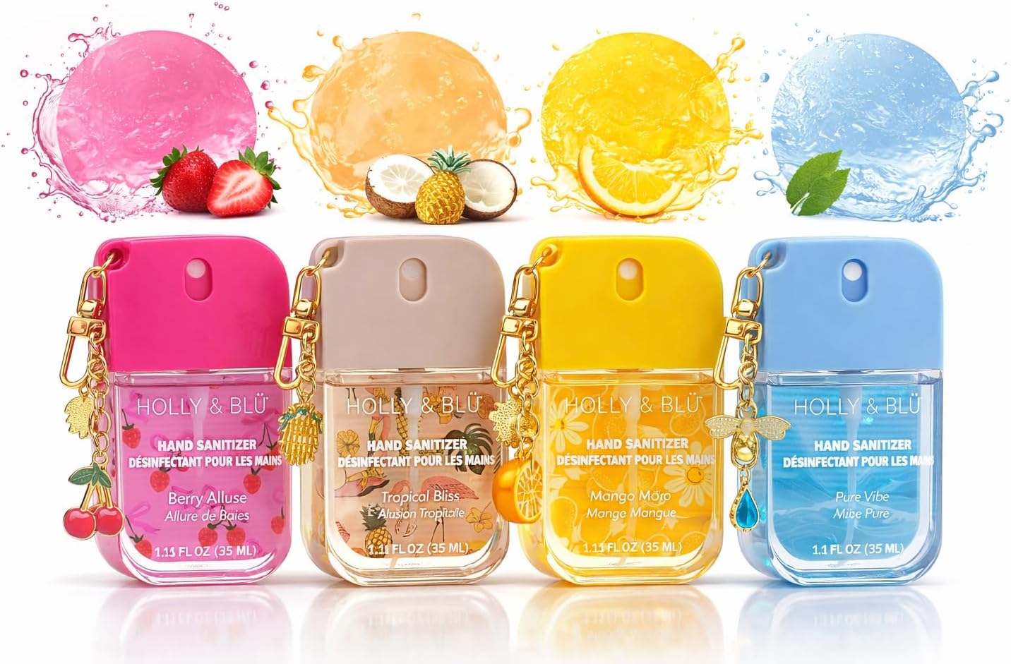 Holly & Blü Scented Hand Sanitizer Spray with Keychain Clips, Moisturizing Travel-Size Pocket Sanitizers, 35 mL Each, Berry, Tropical, Mango & Fresh, Pack of 4